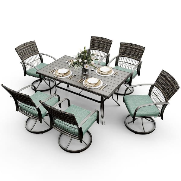PamaPic 7-Piece Metal Patio Outdoor Dining Set with Rectangle Table and Rattan Swivel Chairs with Green Cushion