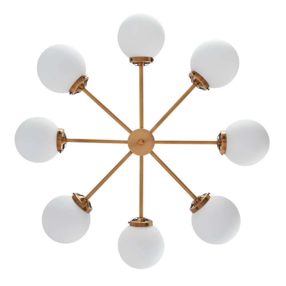 Modern Brass 8-Light Sputnik Chandelier with White Opal Glass