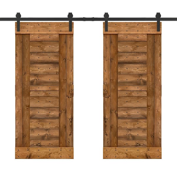CALHOME 48 in. x 84 in. Walnut Stained DIY Knotty Pine Wood Interior Double Sliding Barn Door with Hardware Kit
