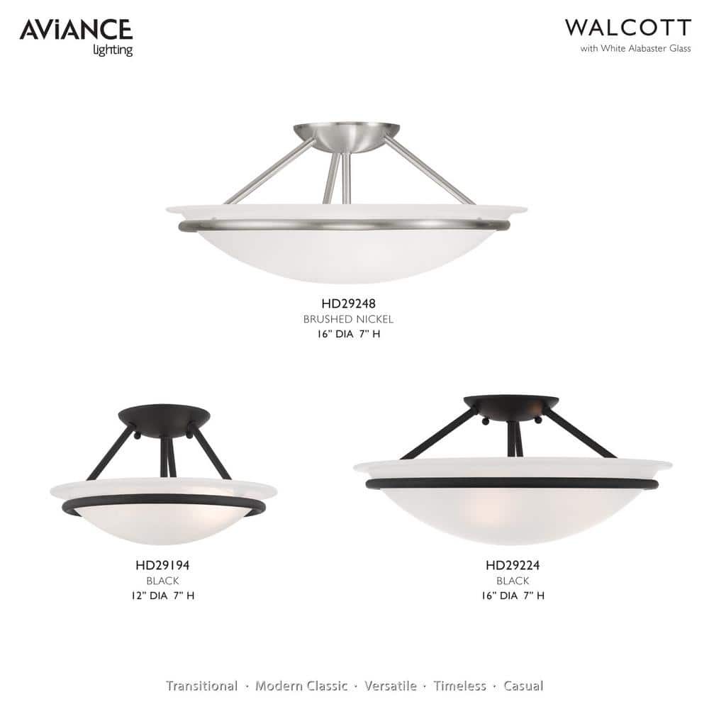 Lustrous Black Nickel 2-Light Semi Flush Mount with White Alabaster Glass Bowl