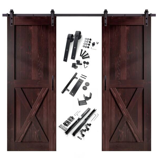 HOMACER 48 in. x 96 in. X-Frame Red Mahogany Double Pine Wood Interior Sliding Barn Door with Hardware Kit, Non-Bypass
