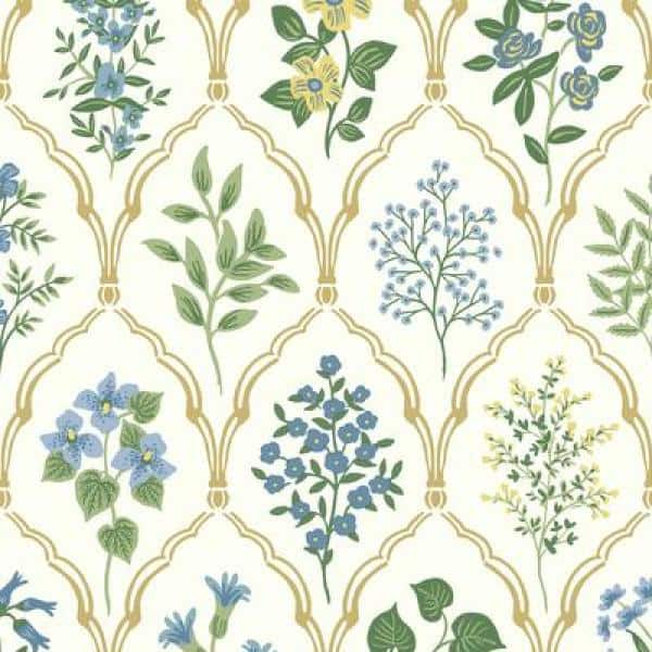 Hawthorne Vintage Floral Grid Blue/Green Wallpaper, 27' x 27"