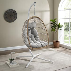 1-Person Brown Rattan Patio Swing Egg Chair with White Stand and Gray Cushions