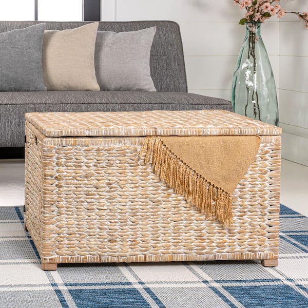 Anada 30 in. Handwoven Wicker Weave Storage Trunk, Whitewash