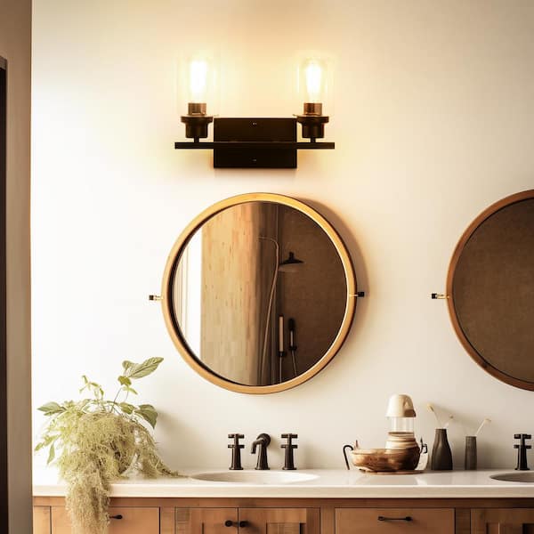15 in. 2-Light Industrial Matte Black Wall Sconce with Clear Glass, Vanity Light Fixtures for Bathroom Mirror
