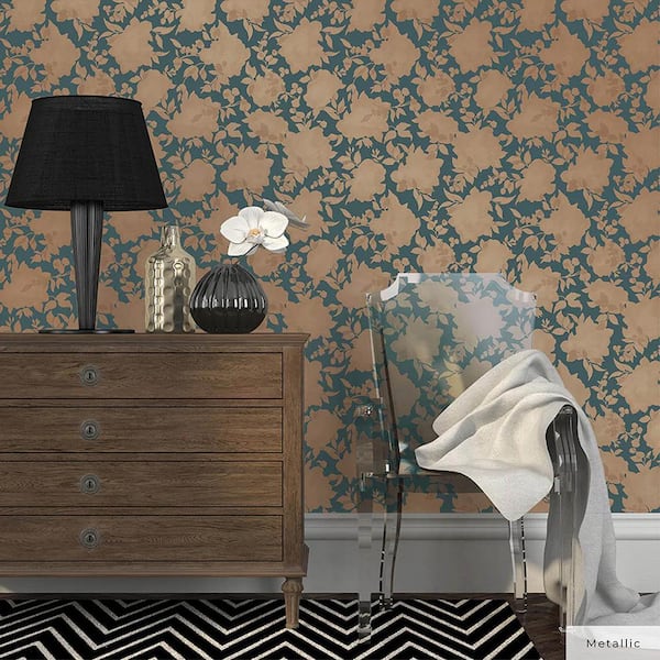 Peacock Blue and Metallic Gold Silhouette Vinyl Peel and Stick Wallpaper Roll (Covers 56 sq. ft.)