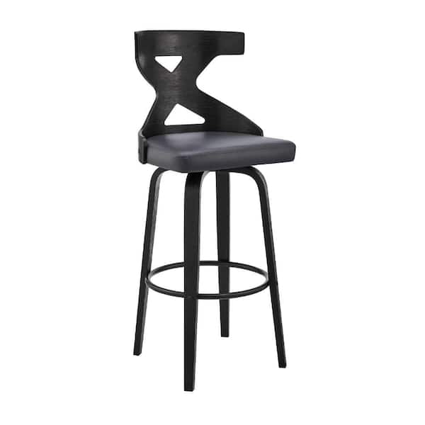 Benjara 44 in. Gray and Black Metal Framed Swivel Barstool with Curved Wooden x Back