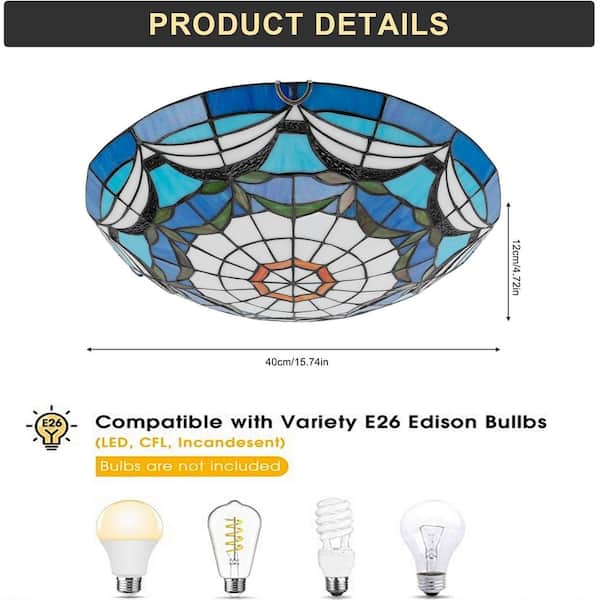 OUKANING 15.74 in. 3-Light Blue Retro Flush Mount Ceiling