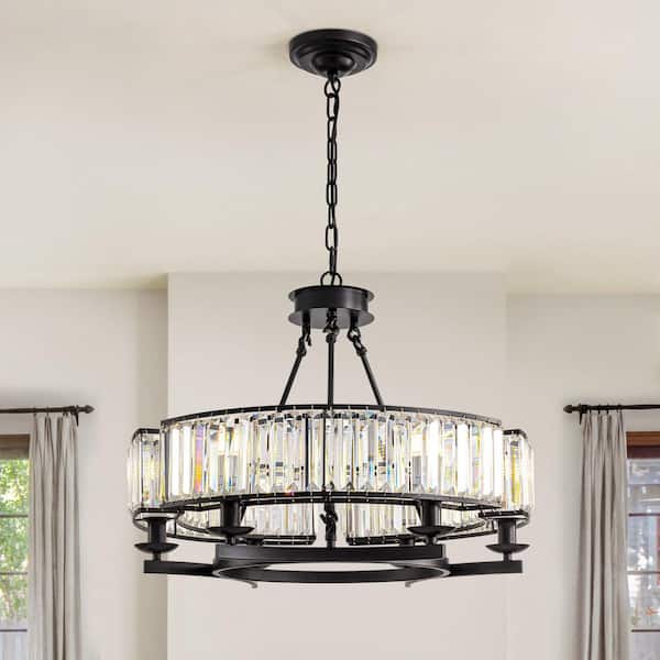 26 in. Modern 6-Light Farmhouse Crystal Drum Matte Black Wagon Wheel Chandelier Ceiling Semi Flush Mount