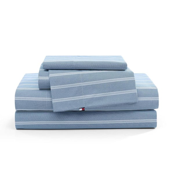 Effortless Stripe 4-Piece Dark Denim/White Percale Cotton Queen Sheet Set