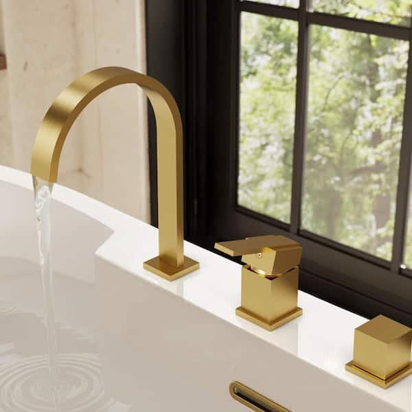 Waterfall High-Arc 2-Handle Deck Mount Roman Tub Faucet 4-Hole 2.4 GPM with Handheld, Solid Brass Valve in Brushed Gold