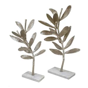 White Metal Statuette Decorative Accent Olive Tree (Set of 2)