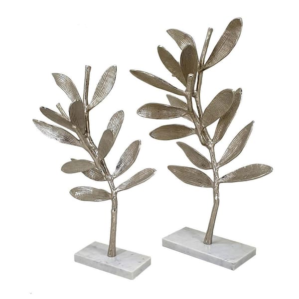 Benjara White Metal Statuette Decorative Accent Olive Tree (Set of 2)