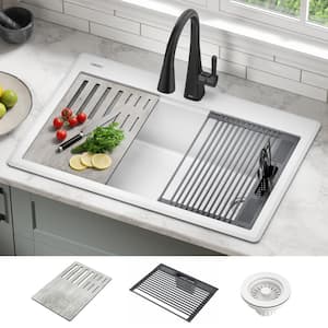 Everest White Granite Composite 33 in. Single Bowl Drop-In Kitchen Sink with Accessories
