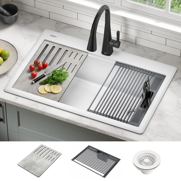 Delta Everest White Granite Composite 33 in. Single Bowl Drop-In Kitchen Sink with Accessories