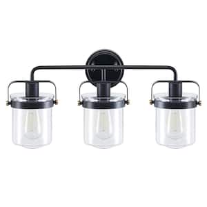22 in. 3-Light Matte Black Vanity Light with Clear Glass Shade