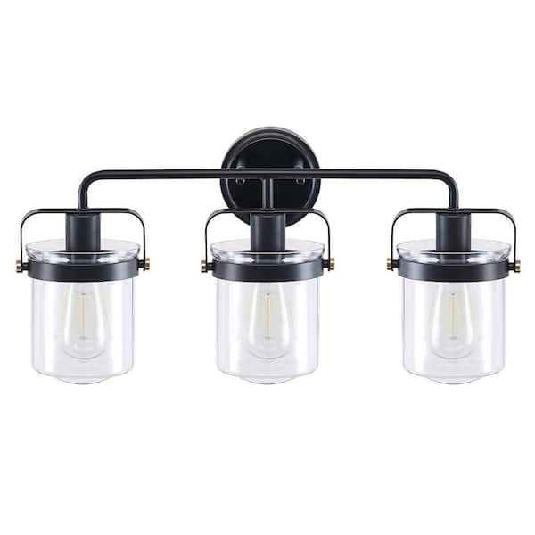 Merra 22 in. 3-Light Matte Black Vanity Light with Clear Glass Shade