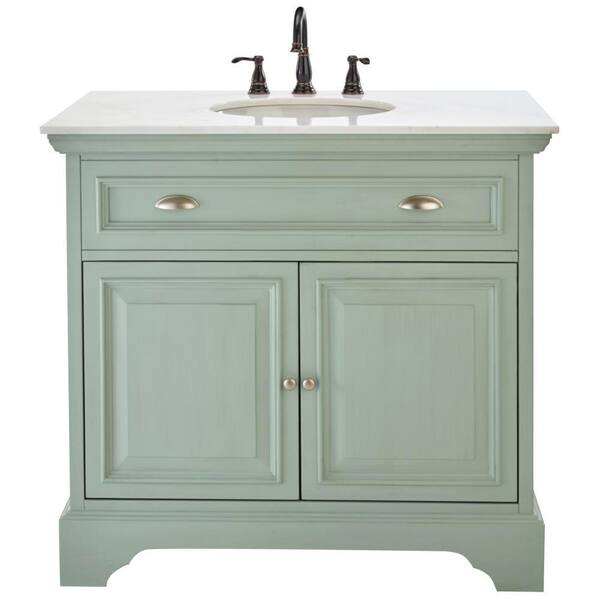 Home Decorators Collection Sadie 38 in. Vanity in Antique Light Cyan with Natural Marble Vanity Top in White with White Sink
