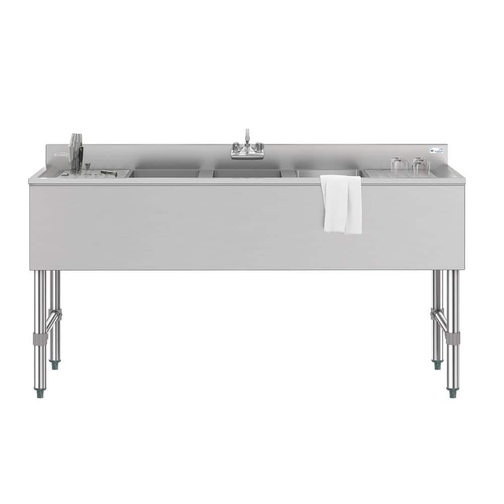 60 in. Stainless Steel Commercial Bar Sink with Copper Faucet and Dual Drainboards