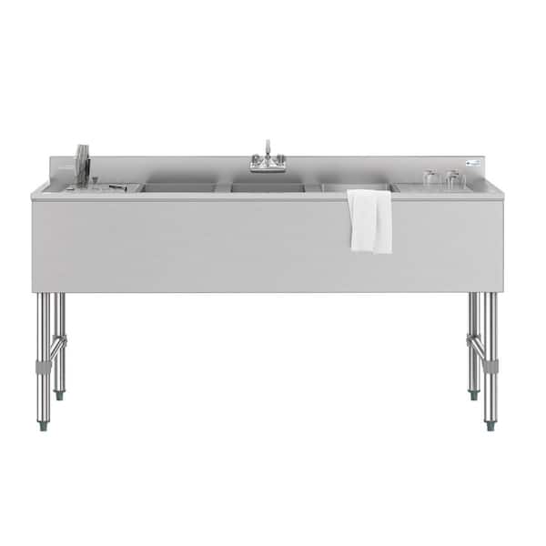 Koolmore 60 in. Three Compartment Stainless Steel Commercial Bar Sink with 3 in. Backsplash and Dual Drainboard with Faucet, NSF