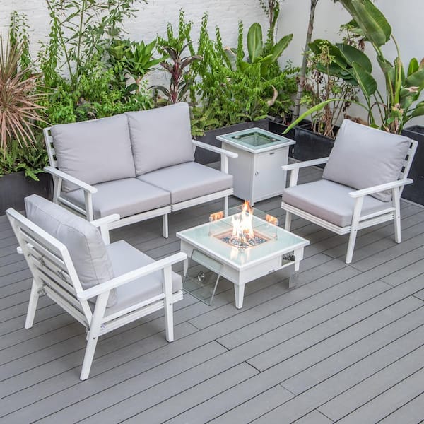 Leisuremod Walbrooke White 5-Piece Aluminum Square Patio Fire Pit Set with Light Grey Cushions and Tank Holder