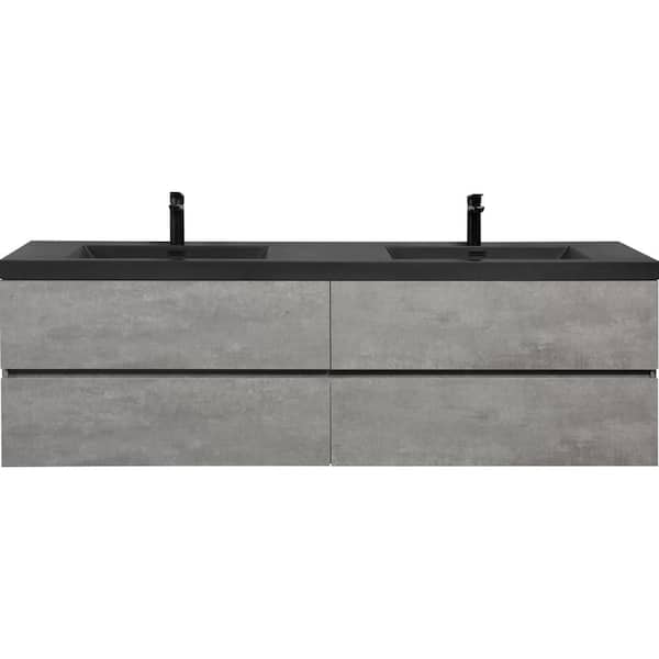 JimsMaison 72 in. W x 20 in. D x 22 in. H Double Sink Floating Bath Vanity in Cement Grey with Matte Black Quartz Sand Top