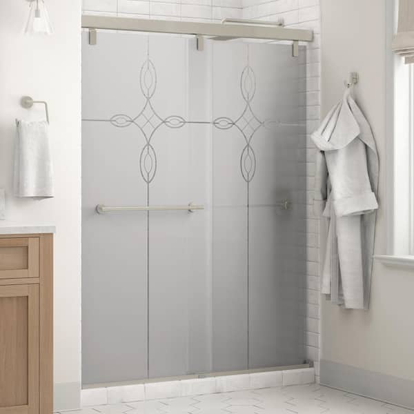 Delta Lyndall Mod 50-1/8 to 58-1/2 in. W x 71-1/2 in. H Soft-Close Frameless Sliding Shower Door, Nickel, Tranquility Glass