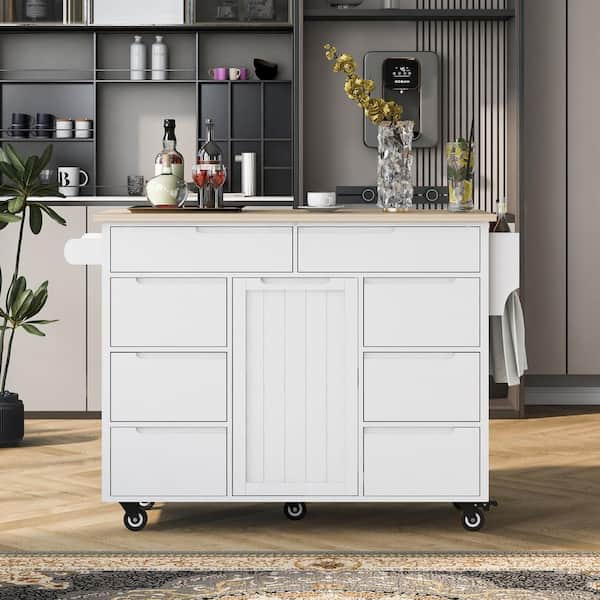 Polibi White Wood Countertop 53.15 in. Kitchen Island Cart, 8-Drawers, 1-Flatware Organizer and 5-Wheels