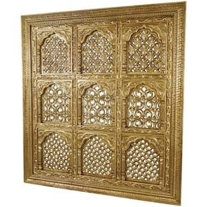 65 in. x 71 in. Gold Mango Wood Intricately Carved 9-Panel Scroll Wall Art Decor with Engraved Details