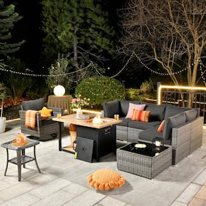 Sanibel Gray 8-Piece Wicker Patio Conversation Sofa Set with a Swivel Chair, a Storage Fire Pit and Black Cushions