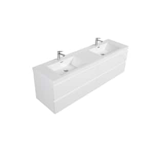 70.55 in. W Double Sinks Wall-Mounted Glossy White Bath Vanity With White Resin Top Unassembled