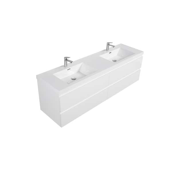 70.55 in. W Double Sinks Wall-Mounted Glossy White Bath Vanity With White Resin Top Unassembled