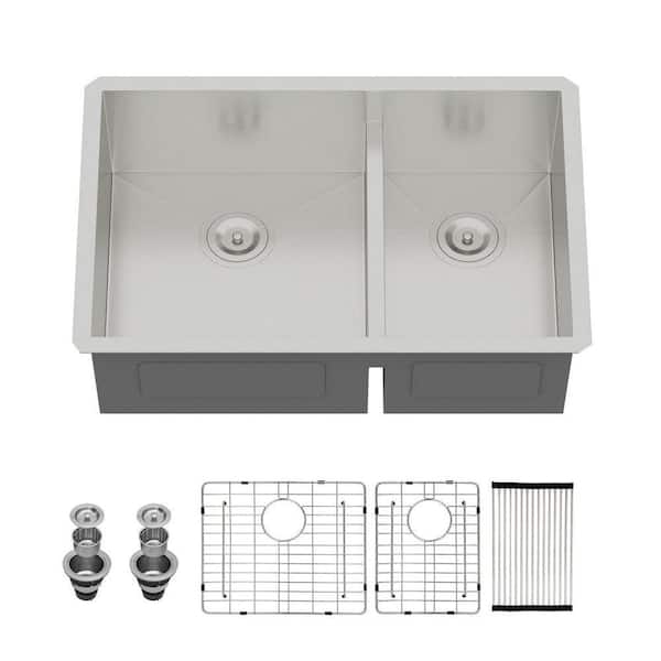 16-Gauge Stainless Steel 33 in. Double Bowl 60/40 Right Angle Undermount Kitchen Sink