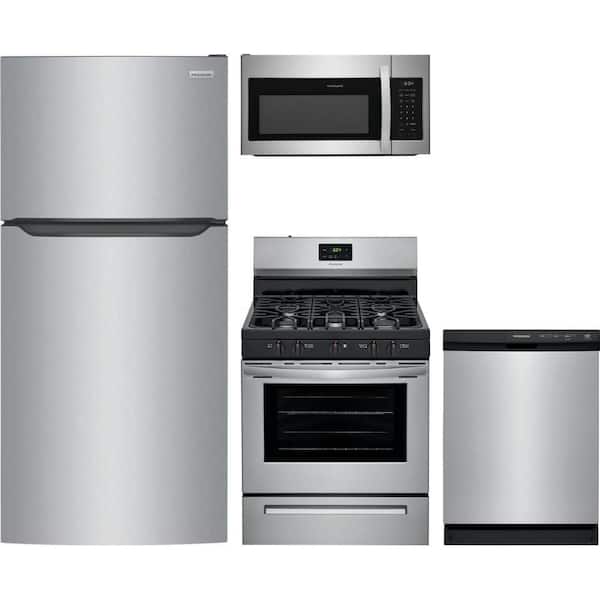 18 cu. ft. Stainless Steel Top Freezer Refrigerator with 5 Burner Freestanding Range and Dishwasher with 3 Cycles