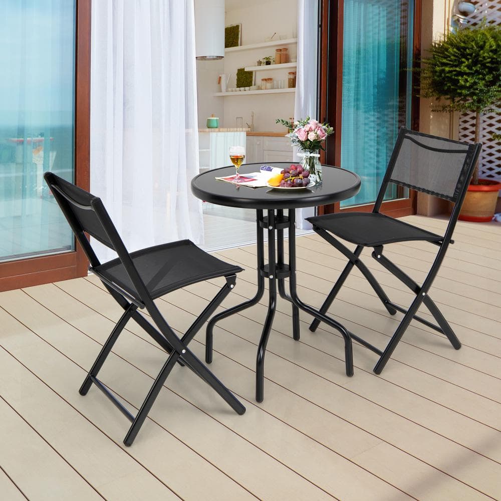 Black Metal Folding Bistro Set with Round Table and Armchairs
