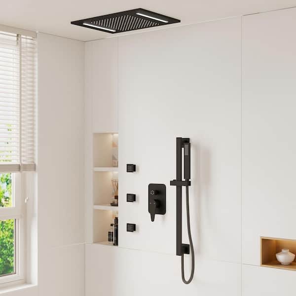 1-Spray 20 in. Square Dual Shower Head Ceiling Mount Fixed and Handheld Shower Head Side Sprayers 2.5 GPM in Matte Black
