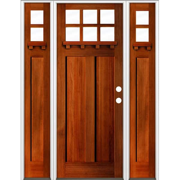 Krosswood Doors 64 in. x 96 in. Craftsman 6-Lite Clear Glass Left Hand Red Chestnut Stain Hemlock Wood Prehung Front Door w/ DSL and DS