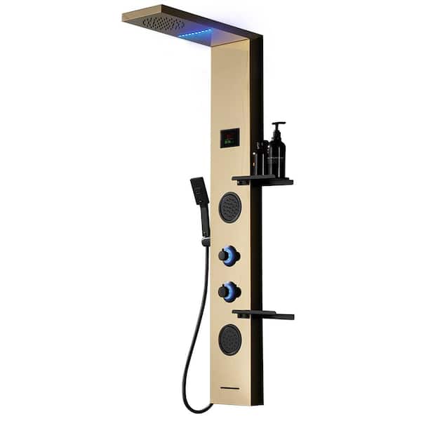 2-Jet Rainfall Shower Panel System with Rainfall Shower Head, Shelf, Tub Spout, and LED Light in Black Gold