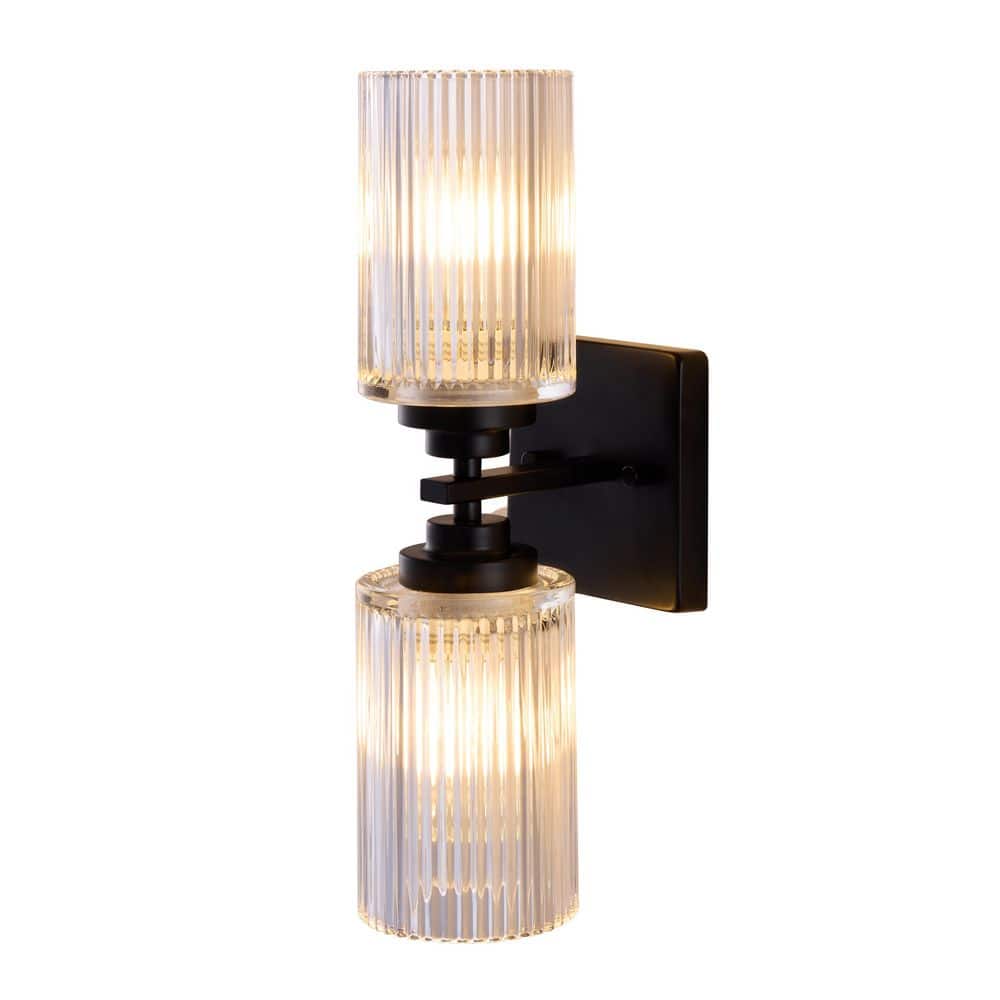 15 in. 2-Light Black Modern Wall Sconce with Clear Ribbed Glass Shades price history on PriceWatchPro