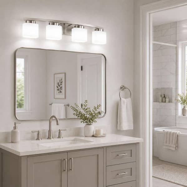 34 In. 4-Light Nickel Modern Square Vanity Light with Curved Arms and Milk White Glass Shades for Bathroom or Bedroom