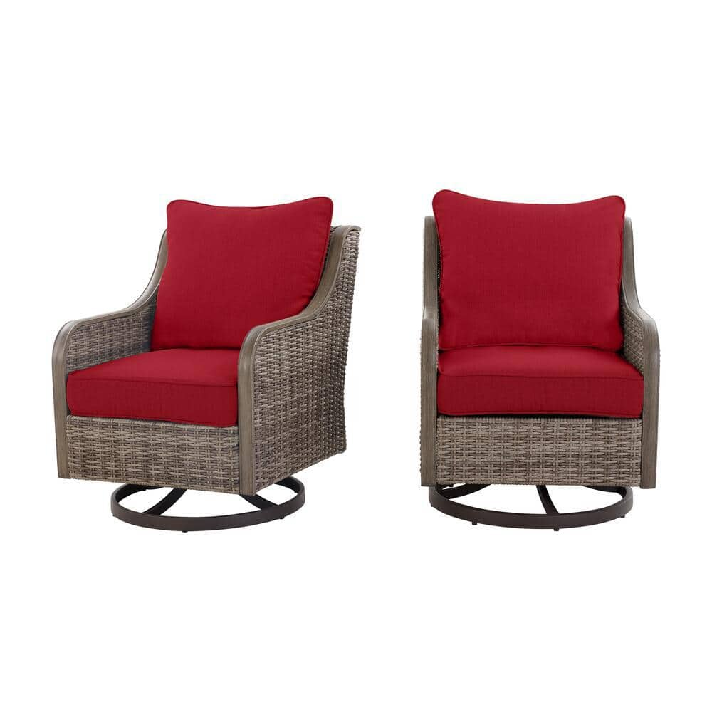 Windsor Brown Wicker Outdoor Patio Swivel Dining Chair with CushionGuard Chili Red Cushions (2-Pack) -  Hampton Bay, H196-01193800