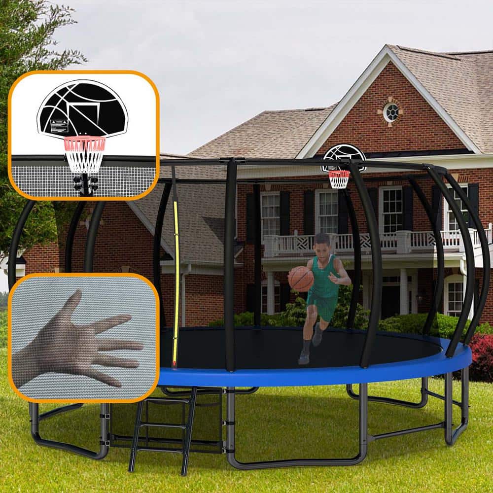 16 ft Round Blue Heavy Duty Outdoor Trampoline with Anti-Rust Coating