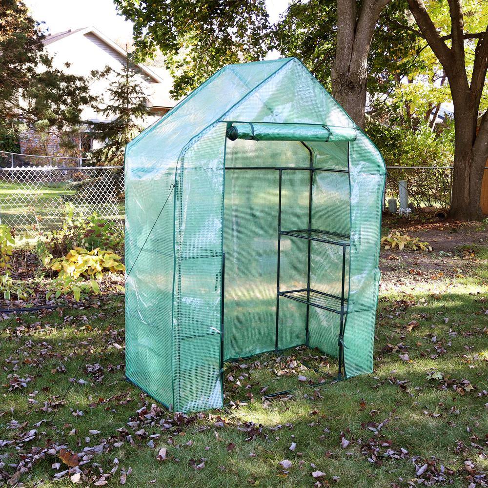 Green 37" Portable Walk-In Greenhouse with Iron Frame and Shelves