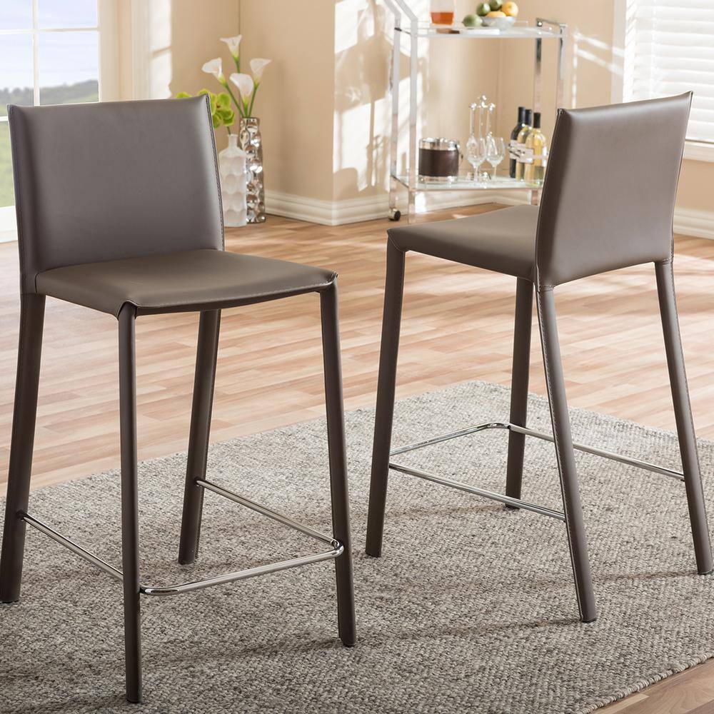 Crawford Contemporary Taupe Leather & Metal Counter Height Barstools, Set of 2