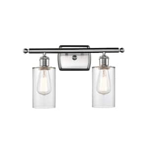 Clymer 16 in. 2-Light Brushed Satin Nickel Vanity Light with Clear Glass Shade