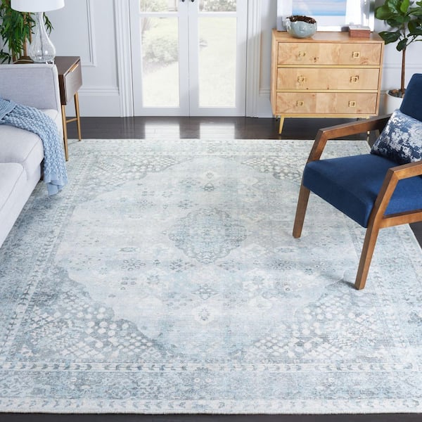 Restoration Vintage 8 ft. x 10 ft. Gray/Light Blue Ornate Border Area Rug