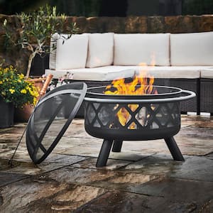30 in. x 24 in. Round Steel Wood Burning Outdoor Fire Pit in Black