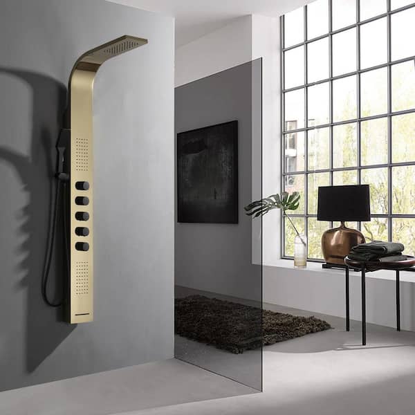 Dual 4-in-1, 2-Jet Shower Panel Tower System with Rainfall Waterfall Shower Head, and Massage Body Jets in Black Gold