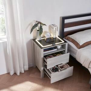 Brown 2-Drawer 20.80 in. W Nightstand with Open Shelf and Wireless Charging with Adjustable LED