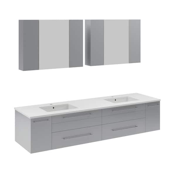 Fresca Lucera 72 in. Double Sink Wall Mount Gray Bath Vanity with White Quartz Top, Undermount Sinks and Medicine Cabinets